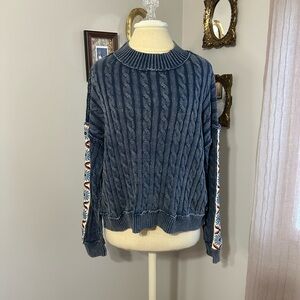 NWT POL Blue Cable Knit Sweater with Embroidered Sleeves